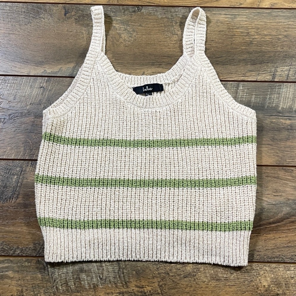 Lulus Knit Striped Tank Top Cream Green Scoop Neck Sleeveless Crop Top S Boho